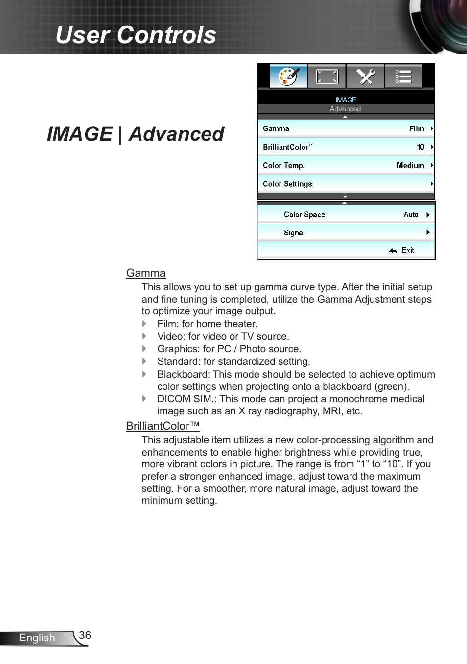 Image | advanced, User controls | Optoma X402 User Manual | Page 36 / 79