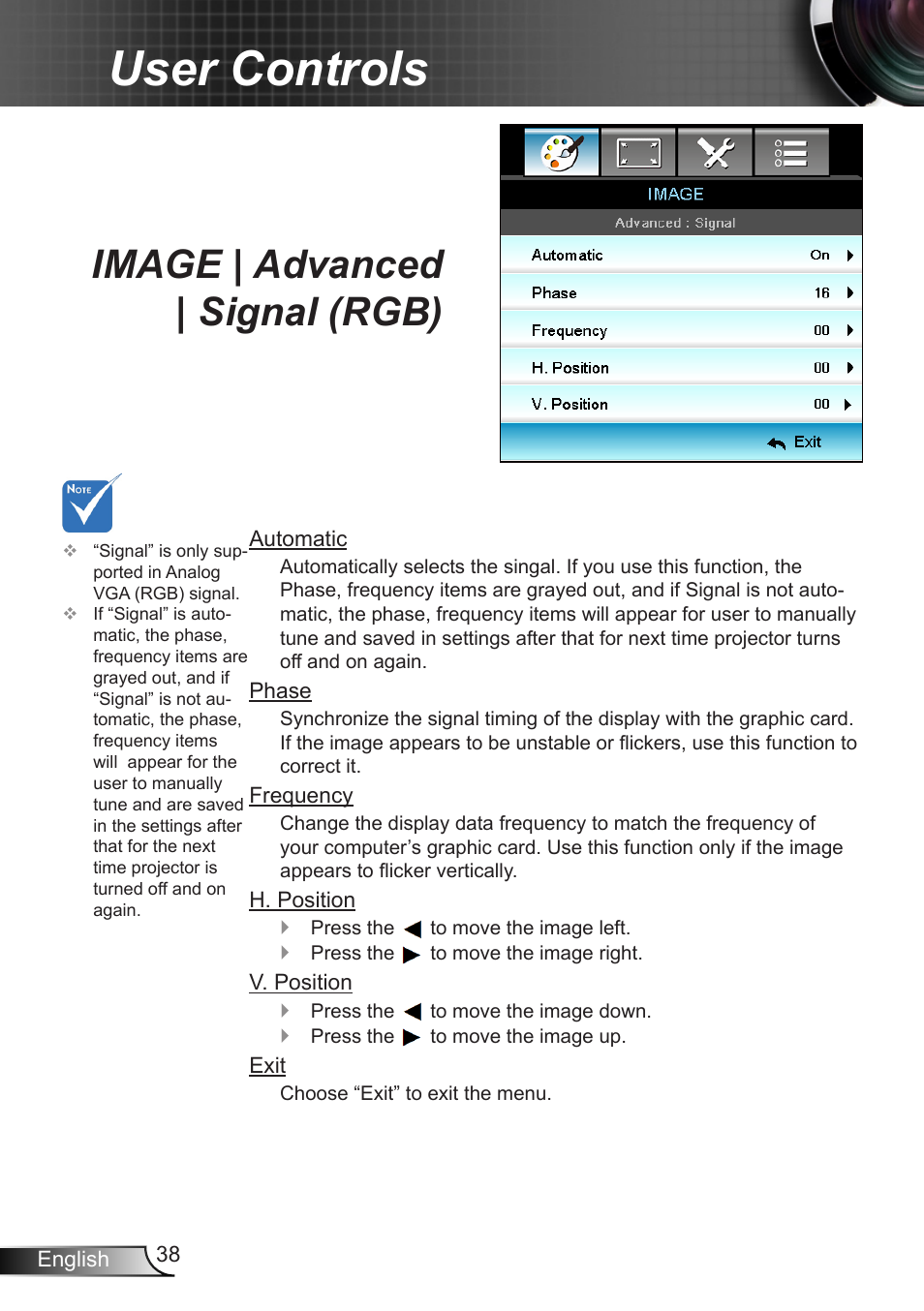 Image | advanced | signal (rgb), User controls | Optoma X402 User Manual | Page 38 / 79