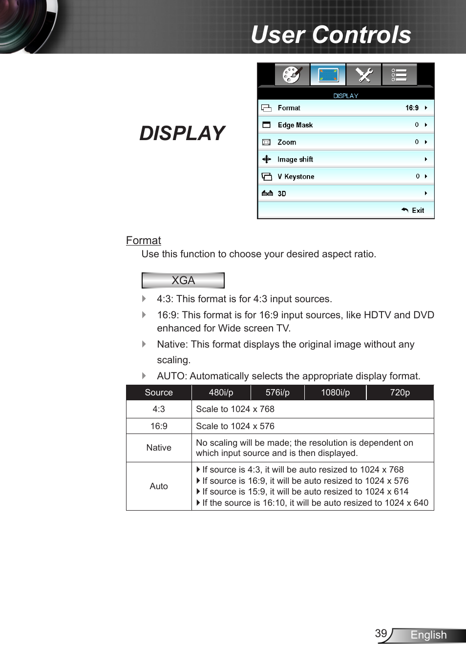 Display, User controls | Optoma X402 User Manual | Page 39 / 79