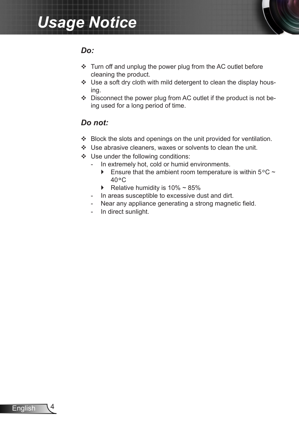 Usage notice | Optoma X402 User Manual | Page 4 / 79