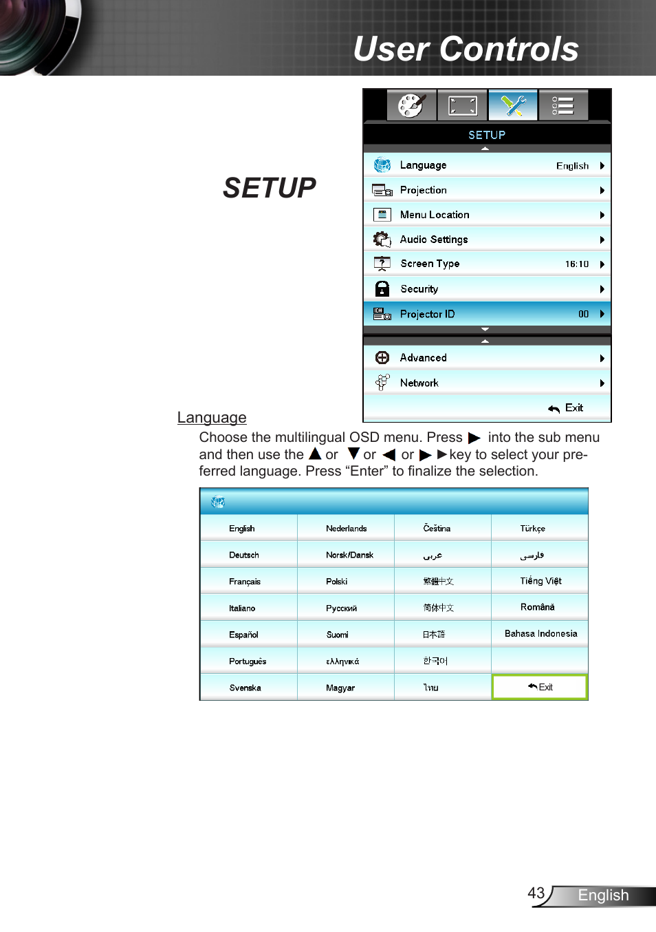 Setup, User controls | Optoma X402 User Manual | Page 43 / 79