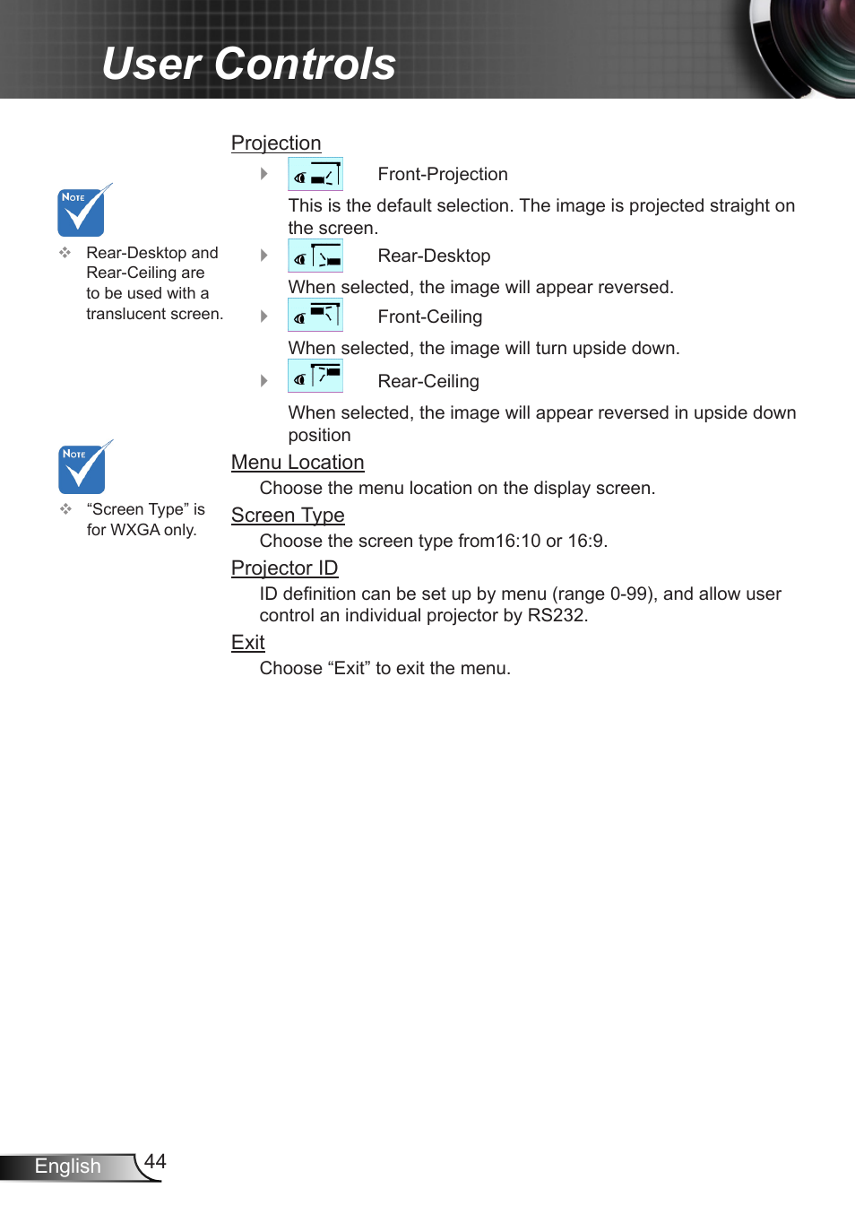 User controls | Optoma X402 User Manual | Page 44 / 79