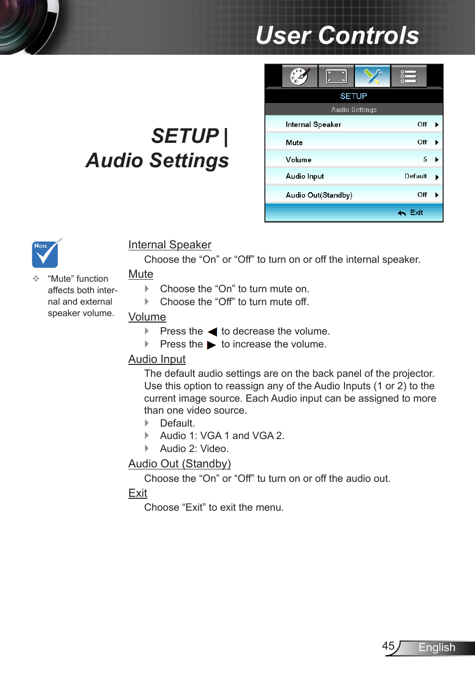 Setup | audio settings, User controls | Optoma X402 User Manual | Page 45 / 79
