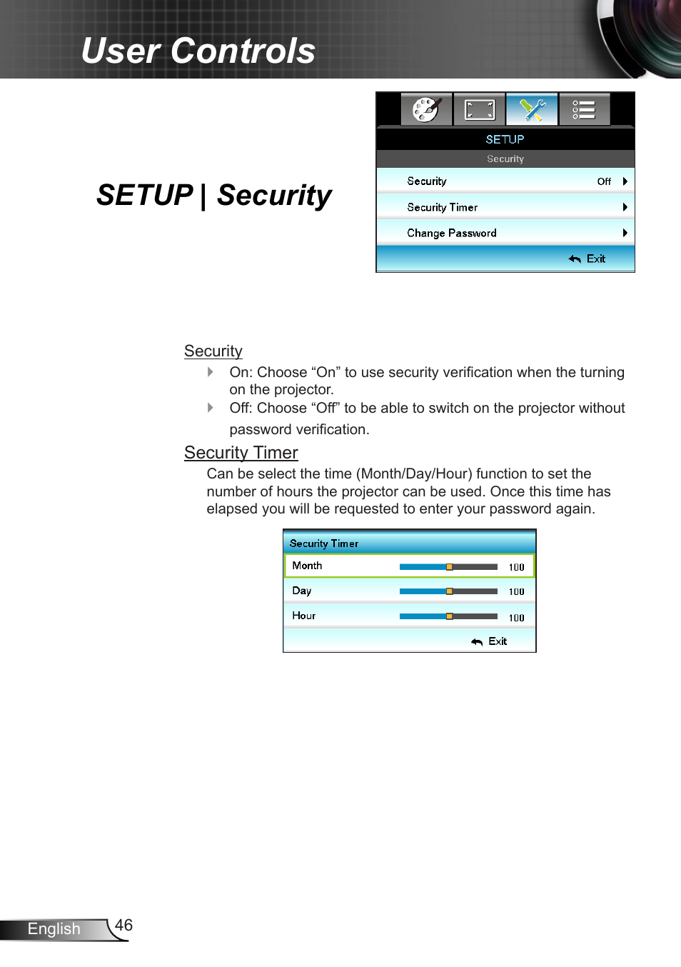 Setup | security, User controls | Optoma X402 User Manual | Page 46 / 79