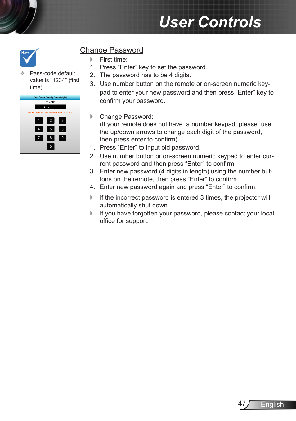 User controls, Change password | Optoma X402 User Manual | Page 47 / 79