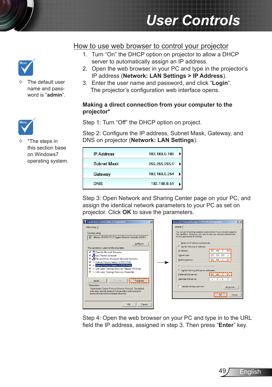 User controls, How to use web browser to control your projector | Optoma X402 User Manual | Page 49 / 79