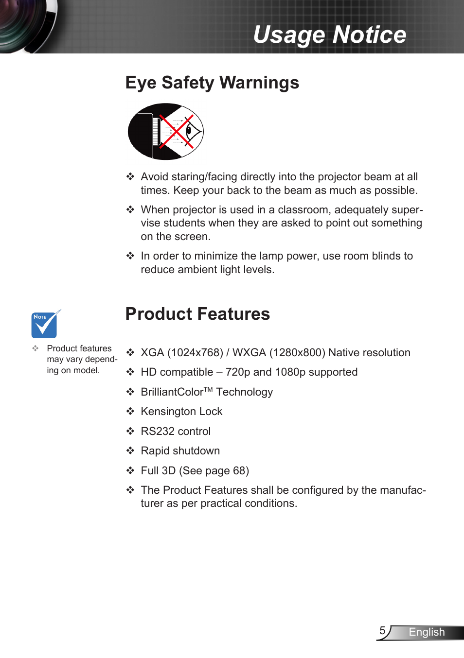 Eye safety warnings, Product features, Eye safety warnings product features | Usage notice | Optoma X402 User Manual | Page 5 / 79