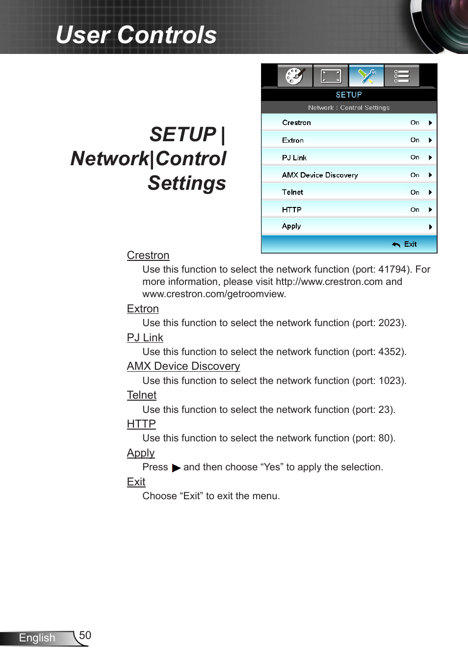 Setup | network|control settings, User controls | Optoma X402 User Manual | Page 50 / 79