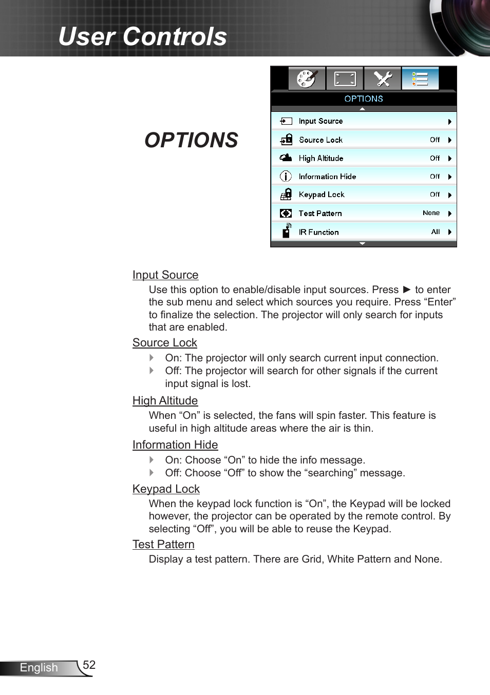 Options, User controls | Optoma X402 User Manual | Page 52 / 79