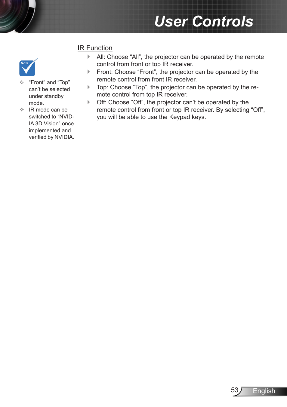 User controls | Optoma X402 User Manual | Page 53 / 79