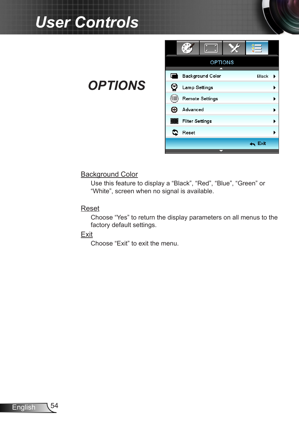 User controls, Options | Optoma X402 User Manual | Page 54 / 79