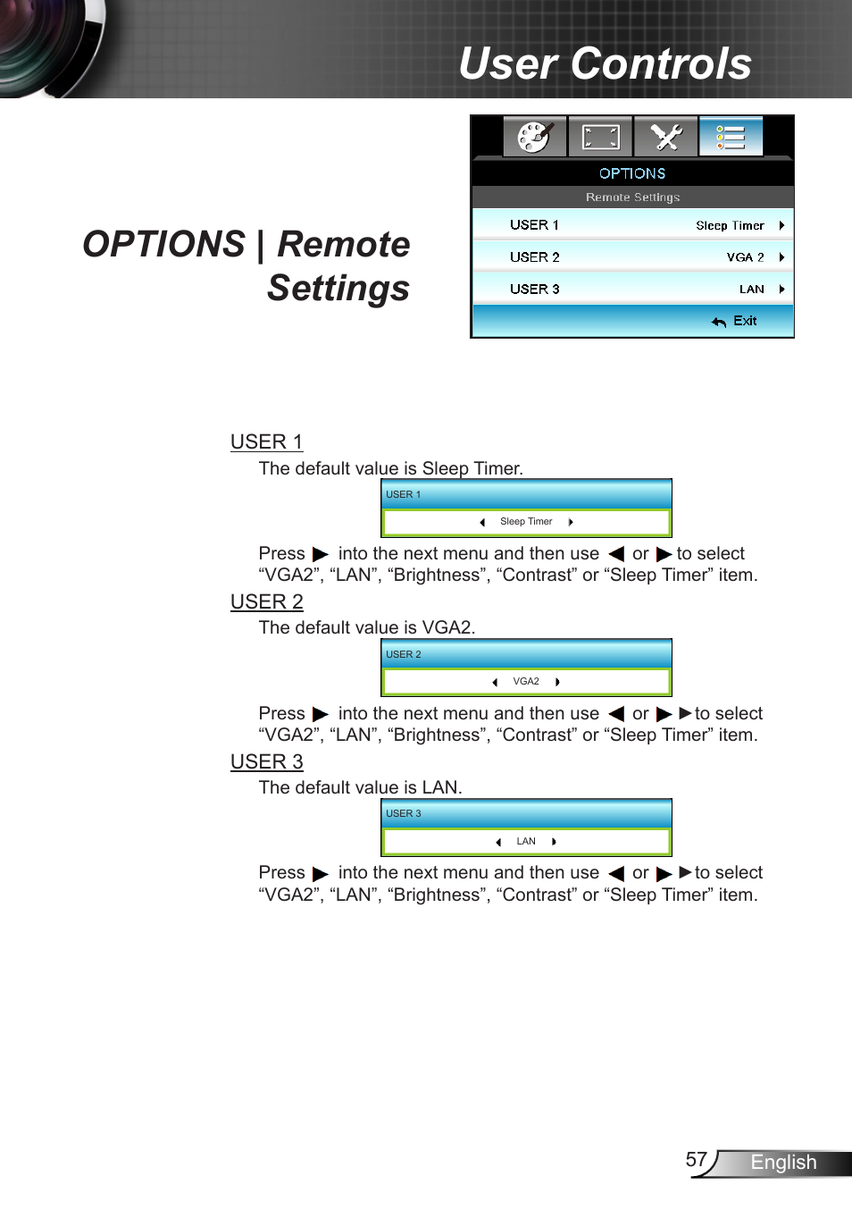 Options | remote settings, User controls | Optoma X402 User Manual | Page 57 / 79