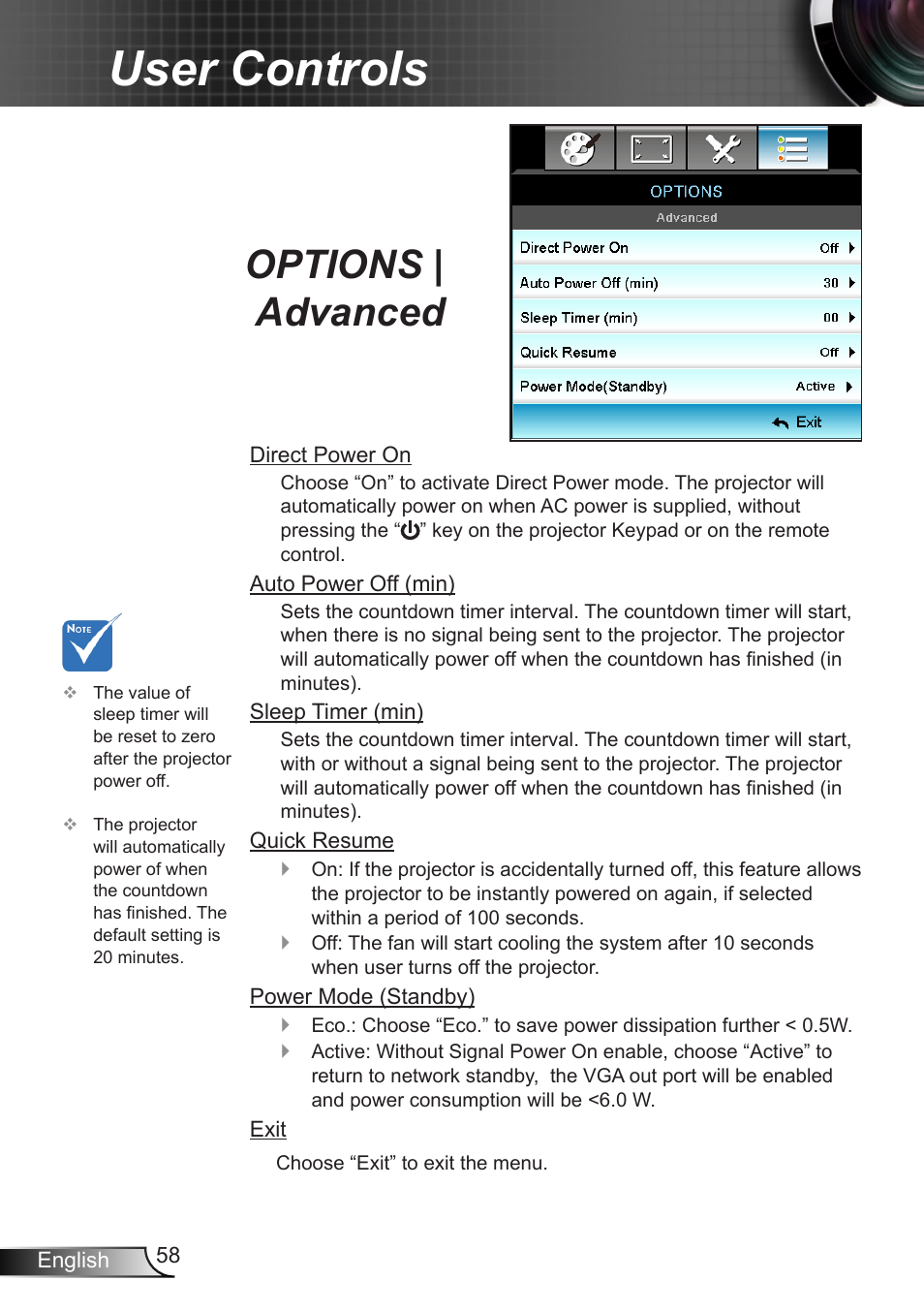 Options | advanced, User controls | Optoma X402 User Manual | Page 58 / 79