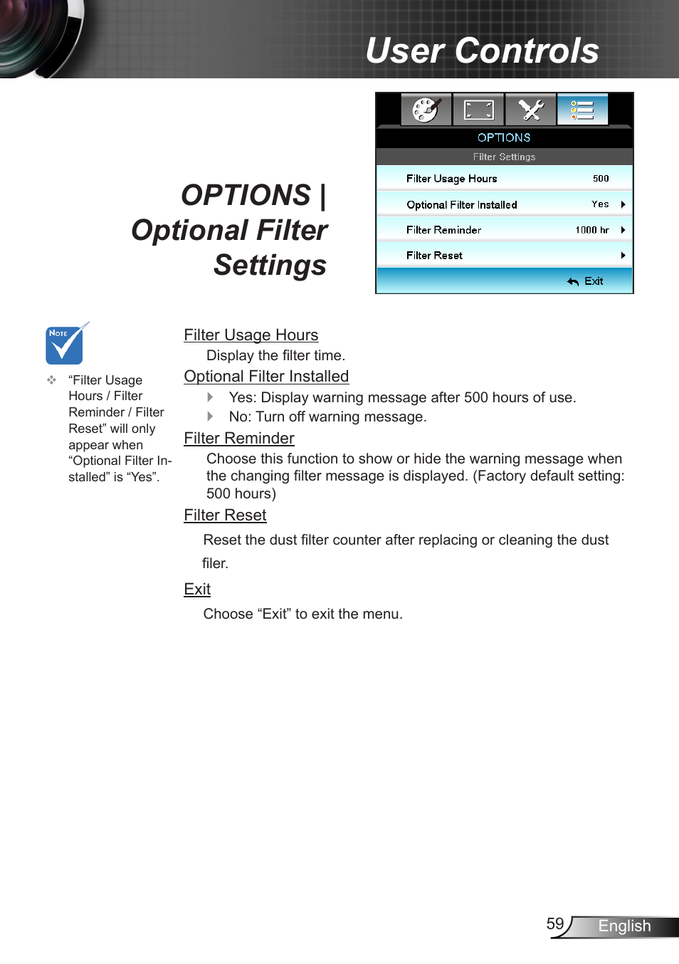 Options | optional filter settings, User controls | Optoma X402 User Manual | Page 59 / 79