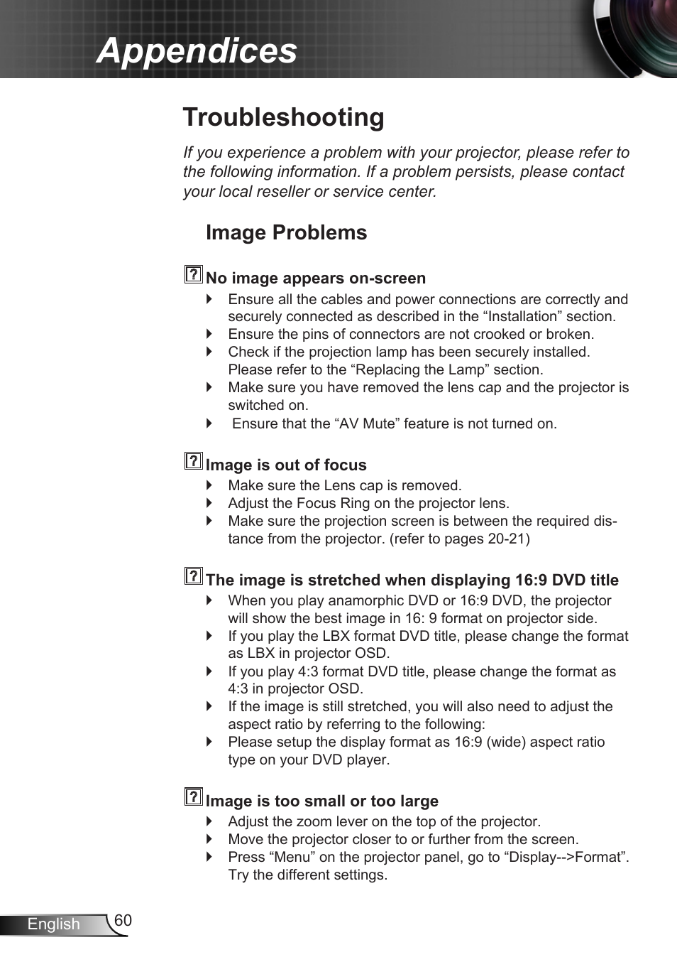 Appendices, Troubleshooting, Image problems | Optoma X402 User Manual | Page 60 / 79