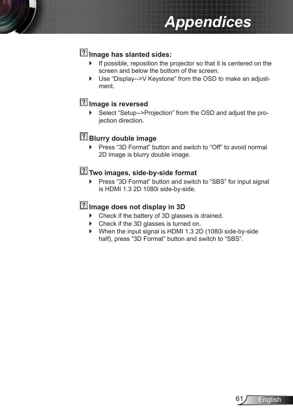 Appendices | Optoma X402 User Manual | Page 61 / 79