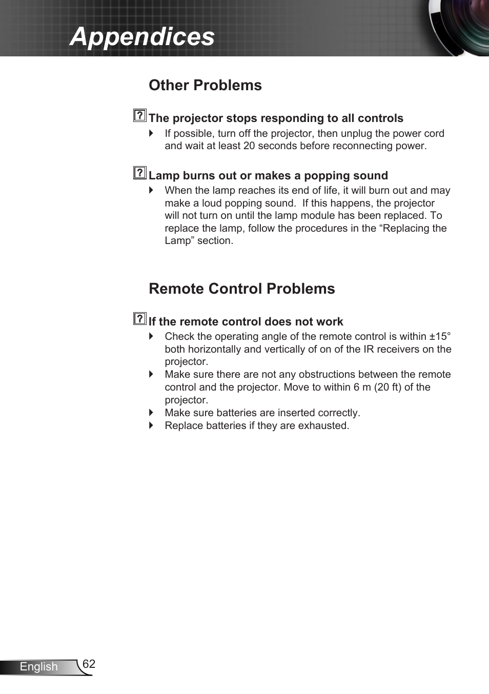 Other problems, Remote control problems, Other problems remote control problems | Appendices | Optoma X402 User Manual | Page 62 / 79