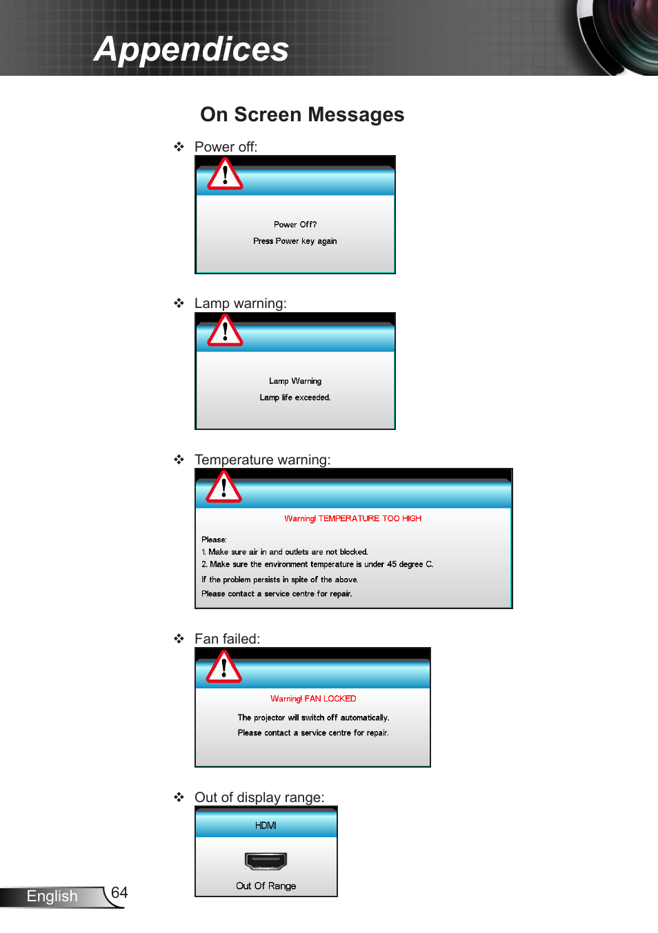 On screen messages, Appendices | Optoma X402 User Manual | Page 64 / 79