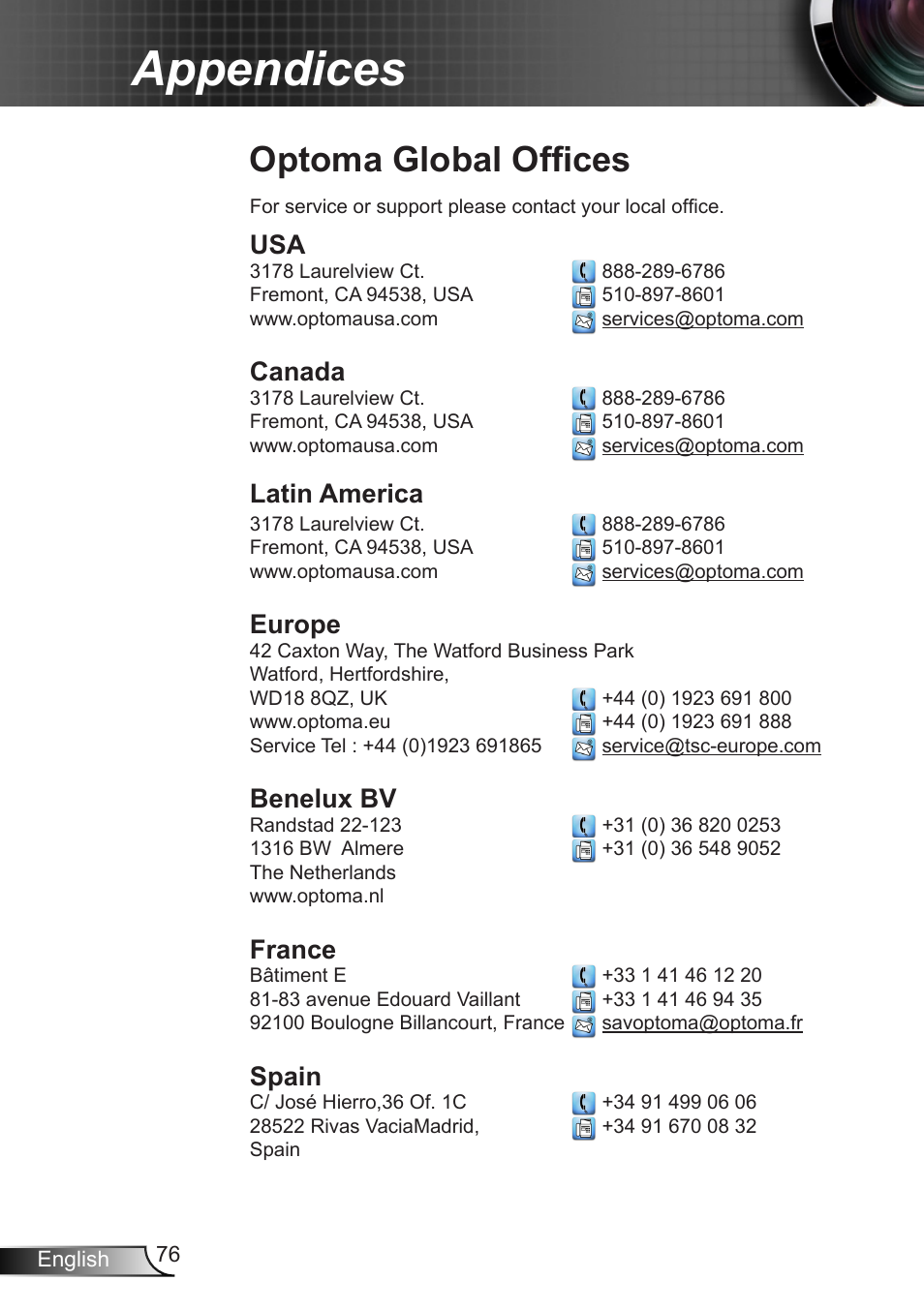 Optoma global offices, Appendices, Canada | Latin america, Europe, Benelux bv, France, Spain | Optoma X402 User Manual | Page 76 / 79