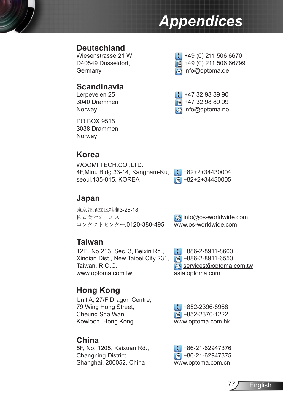 Appendices, Canada, Latin america | Europe, Benelux bv, France, Spain, Deutschland, Scandinavia, Korea | Optoma X402 User Manual | Page 77 / 79