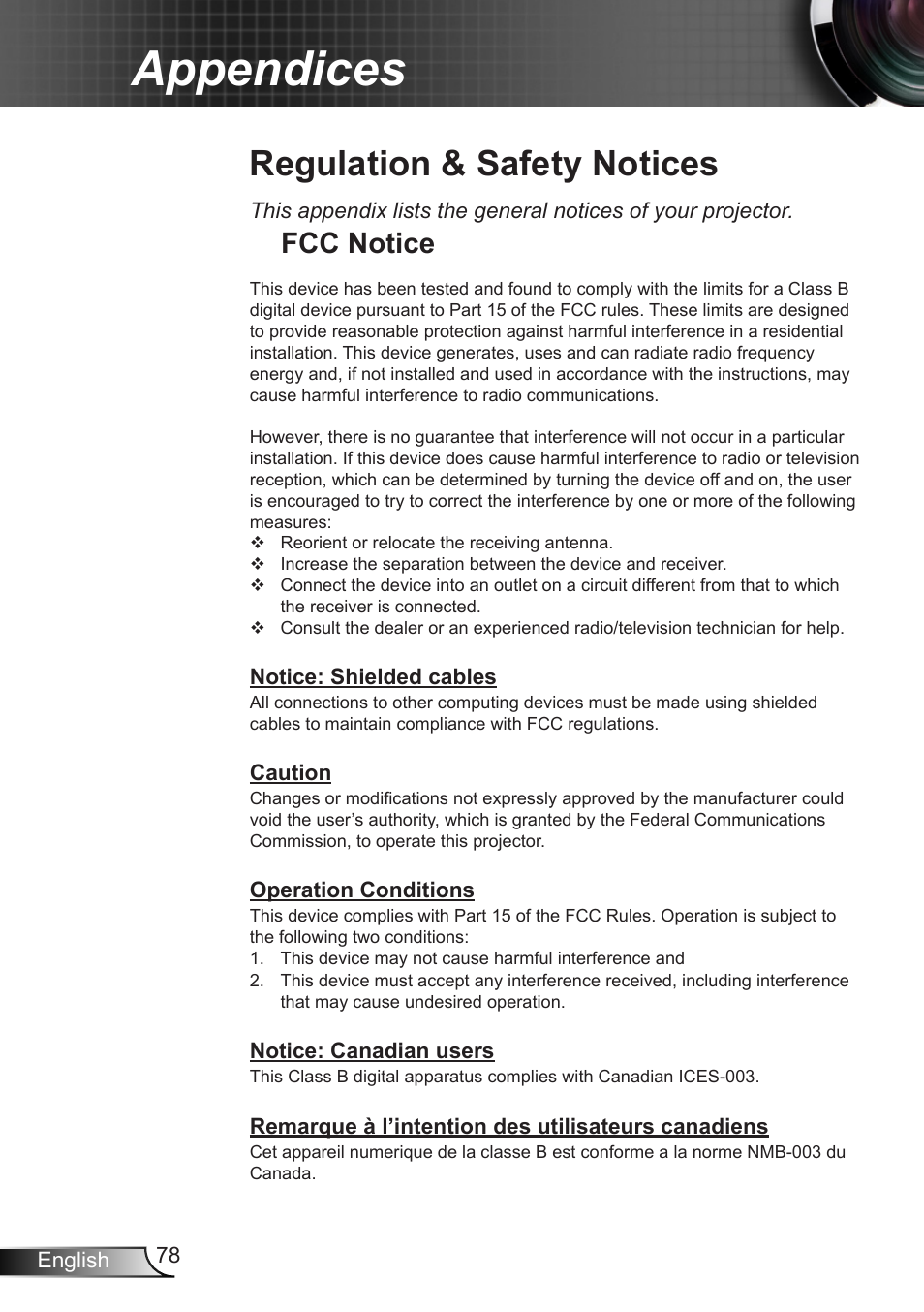 Regulation & safety notices, Fcc notice, Appendices | Optoma X402 User Manual | Page 78 / 79