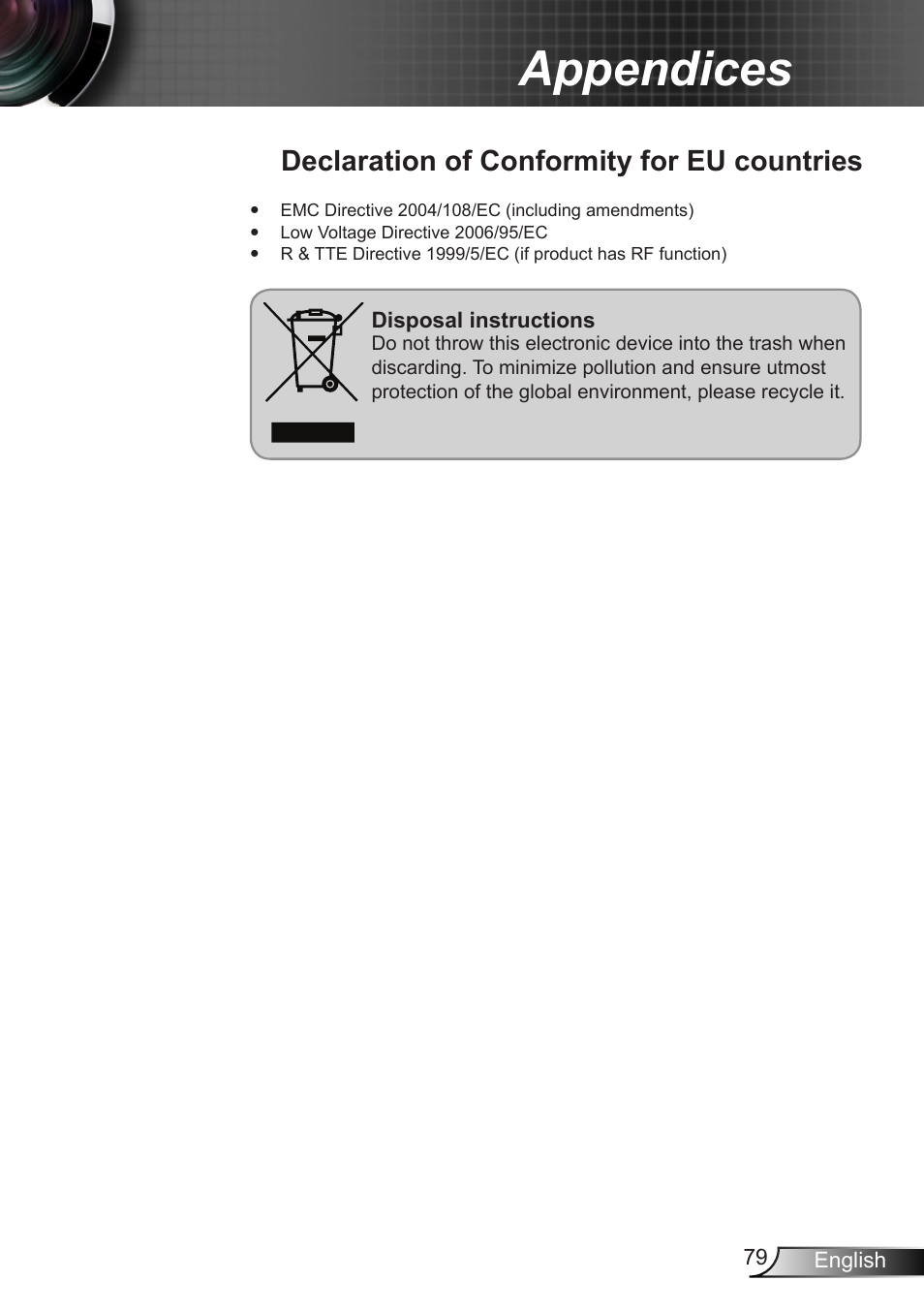 Declaration of conformity for eu countries, Appendices | Optoma X402 User Manual | Page 79 / 79