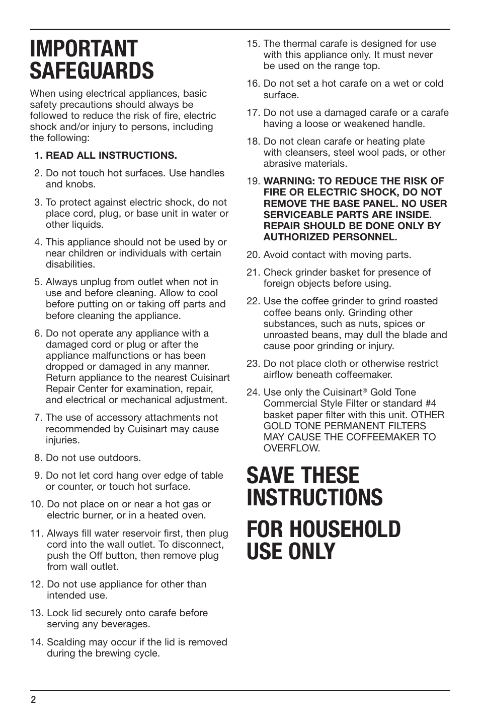 Important safeguards, Save these instructions for household use only | Cuisinart Grind & Brew Thermal DGB-650 User Manual | Page 2 / 12