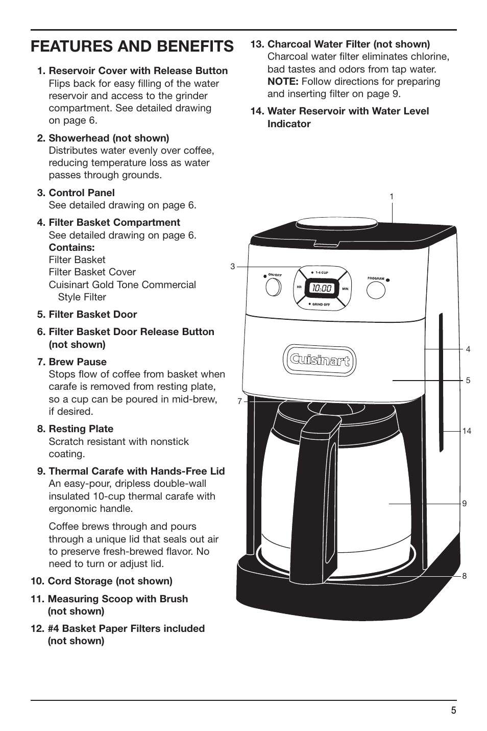 Features and benefits | Cuisinart Grind & Brew Thermal DGB-650 User Manual | Page 5 / 12