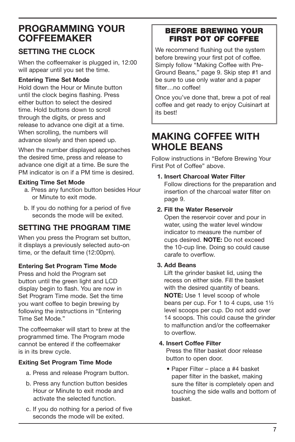 Programming your coffeemaker, Making coffee with whole beans, Setting the clock | Setting the program time, Before brewing your first pot of coffee | Cuisinart Grind & Brew Thermal DGB-650 User Manual | Page 7 / 12