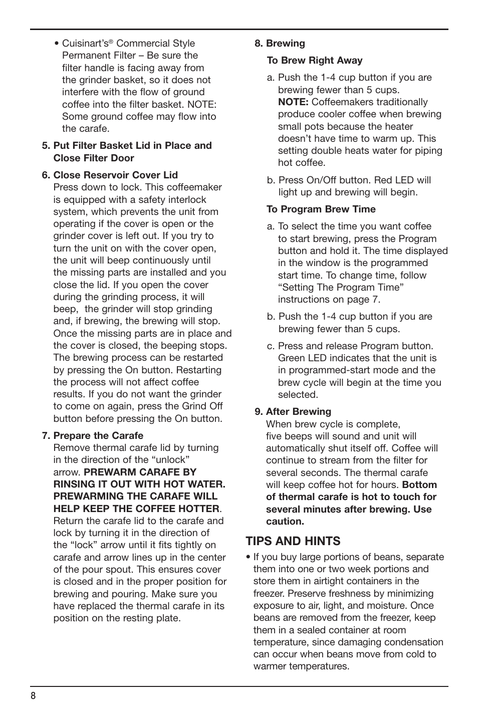 Tips and hints | Cuisinart Grind & Brew Thermal DGB-650 User Manual | Page 8 / 12