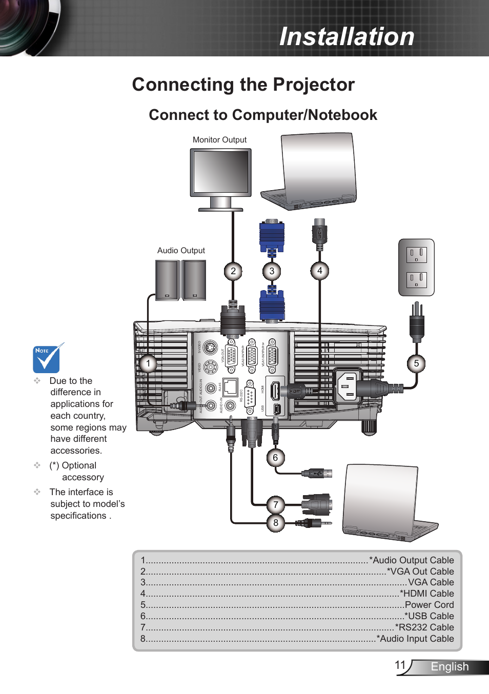 Installation, Connecting the projector, Connect to computer/notebook | 11 english | Optoma W350 User Manual | Page 11 / 74