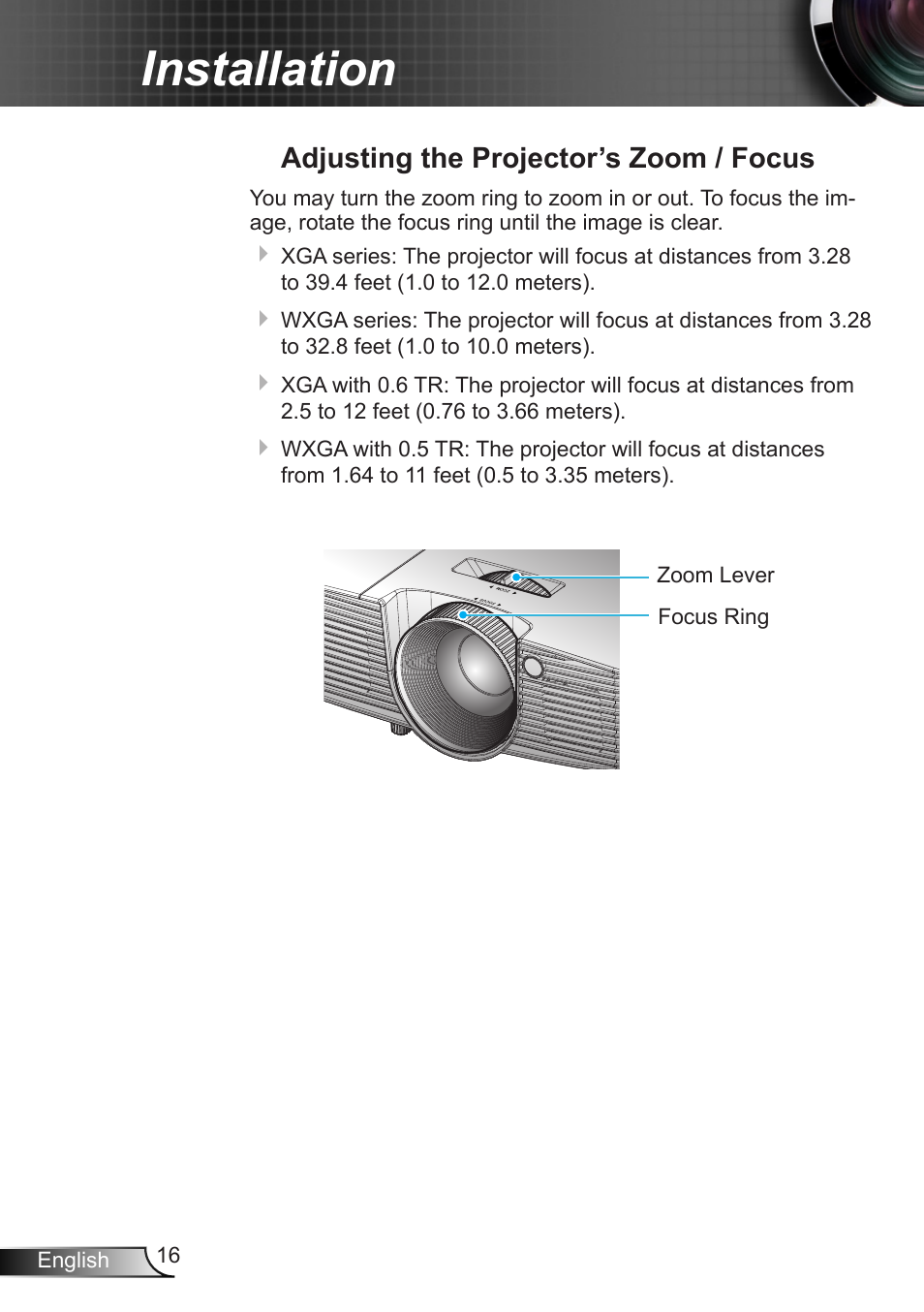 Adjusting the projector’s zoom / focus, Adjusting the projector’s zoom, Focus | Installation | Optoma W350 User Manual | Page 16 / 74