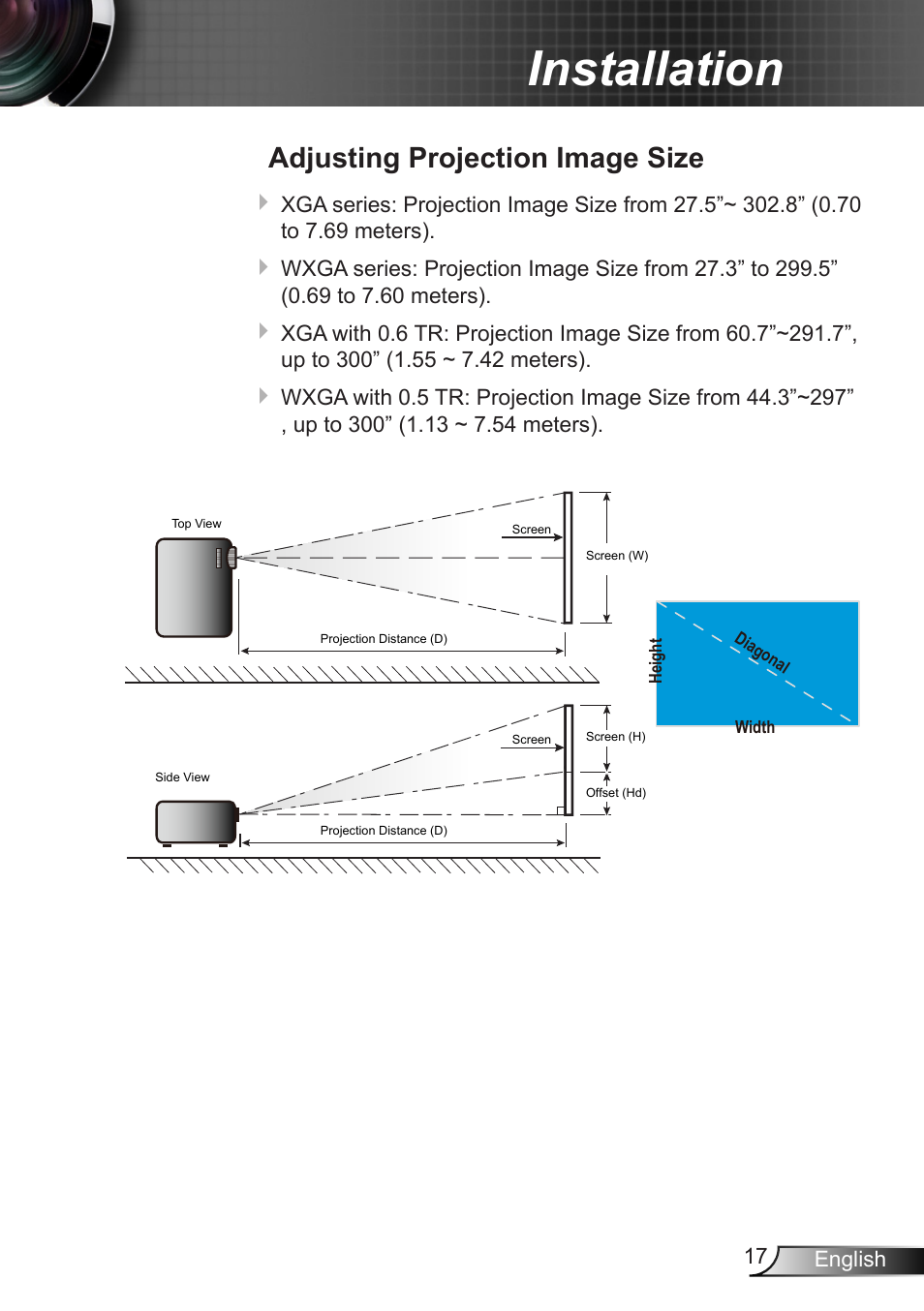 Adjusting projection image size, Installation | Optoma W350 User Manual | Page 17 / 74