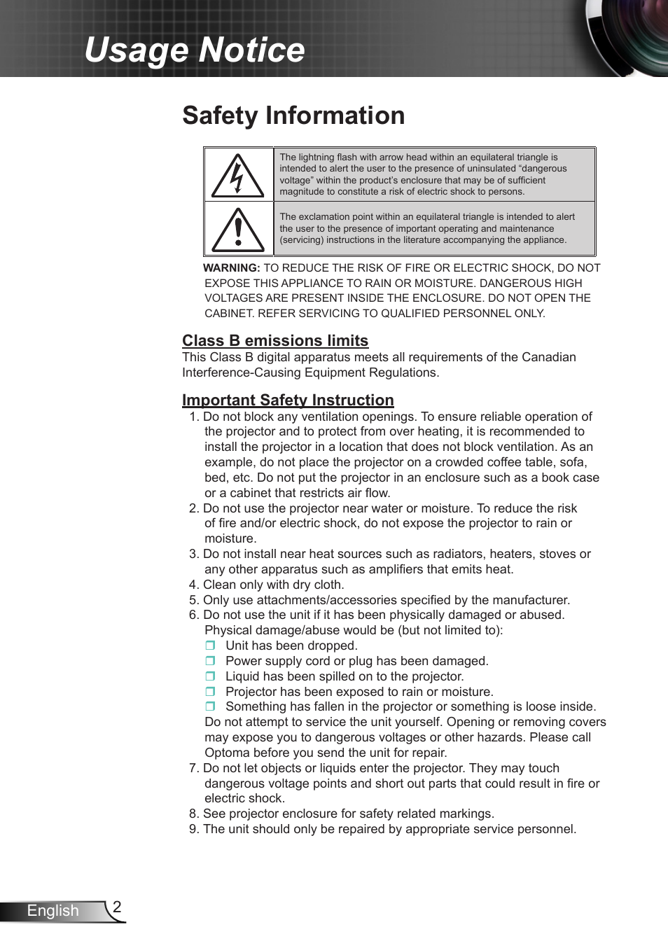 Usage notice, Safety information, 2english | Class b emissions limits, Important safety instruction | Optoma W350 User Manual | Page 2 / 74