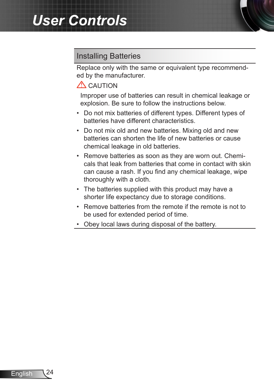 User controls, Installing batteries | Optoma W350 User Manual | Page 24 / 74