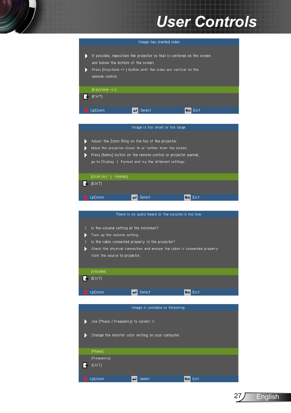 User controls | Optoma W350 User Manual | Page 27 / 74