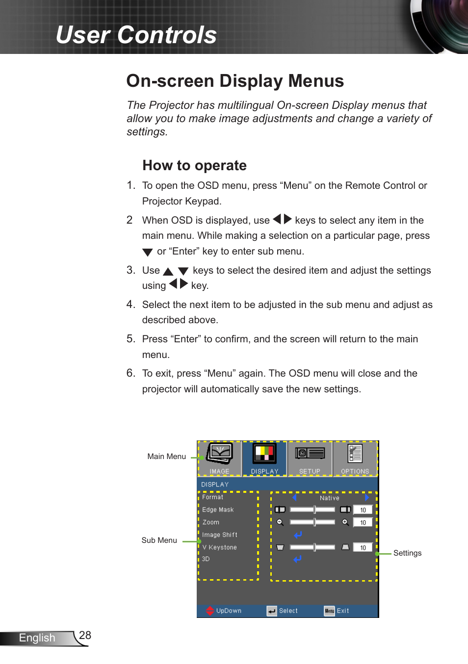 On-screen display menus, How to operate, User controls | Optoma W350 User Manual | Page 28 / 74