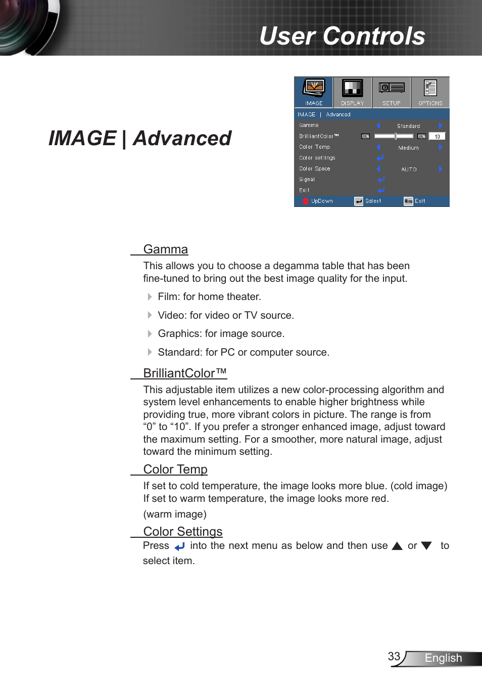 Image | advanced, User controls | Optoma W350 User Manual | Page 33 / 74