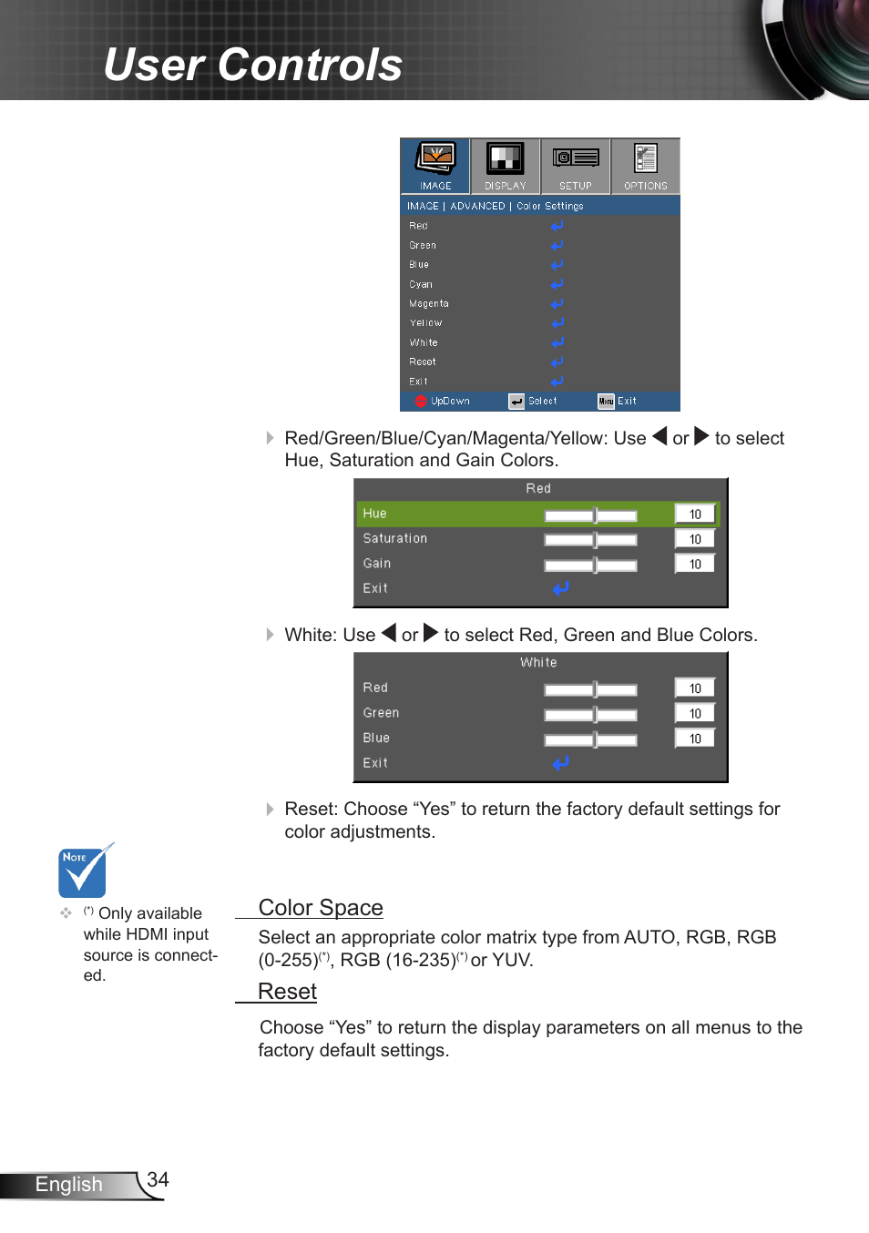 User controls, Color space, Reset | Optoma W350 User Manual | Page 34 / 74