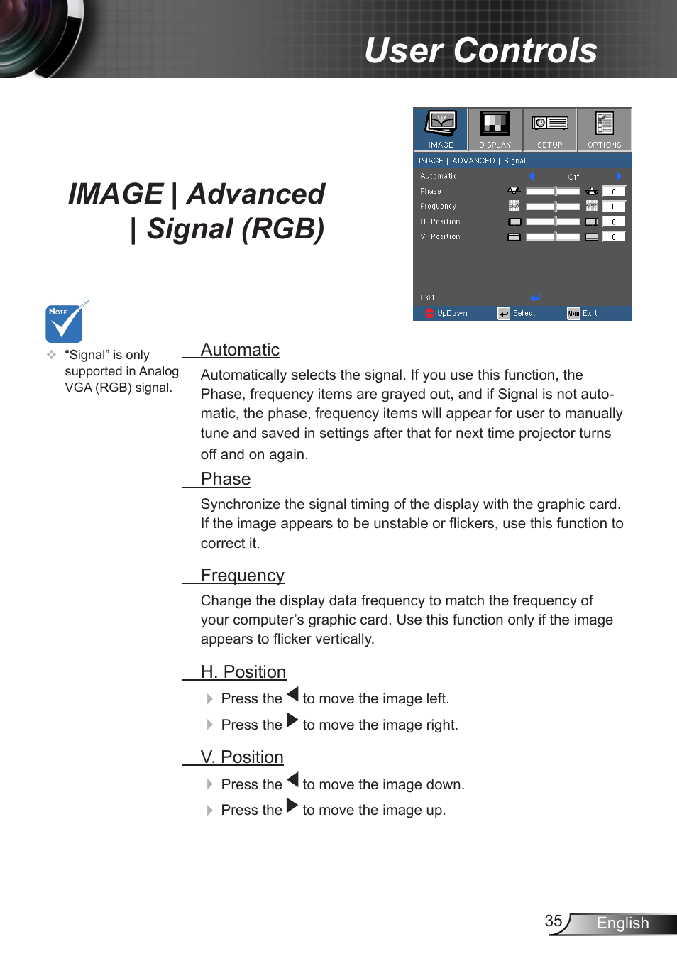 Image | advanced | signal (rgb), User controls | Optoma W350 User Manual | Page 35 / 74