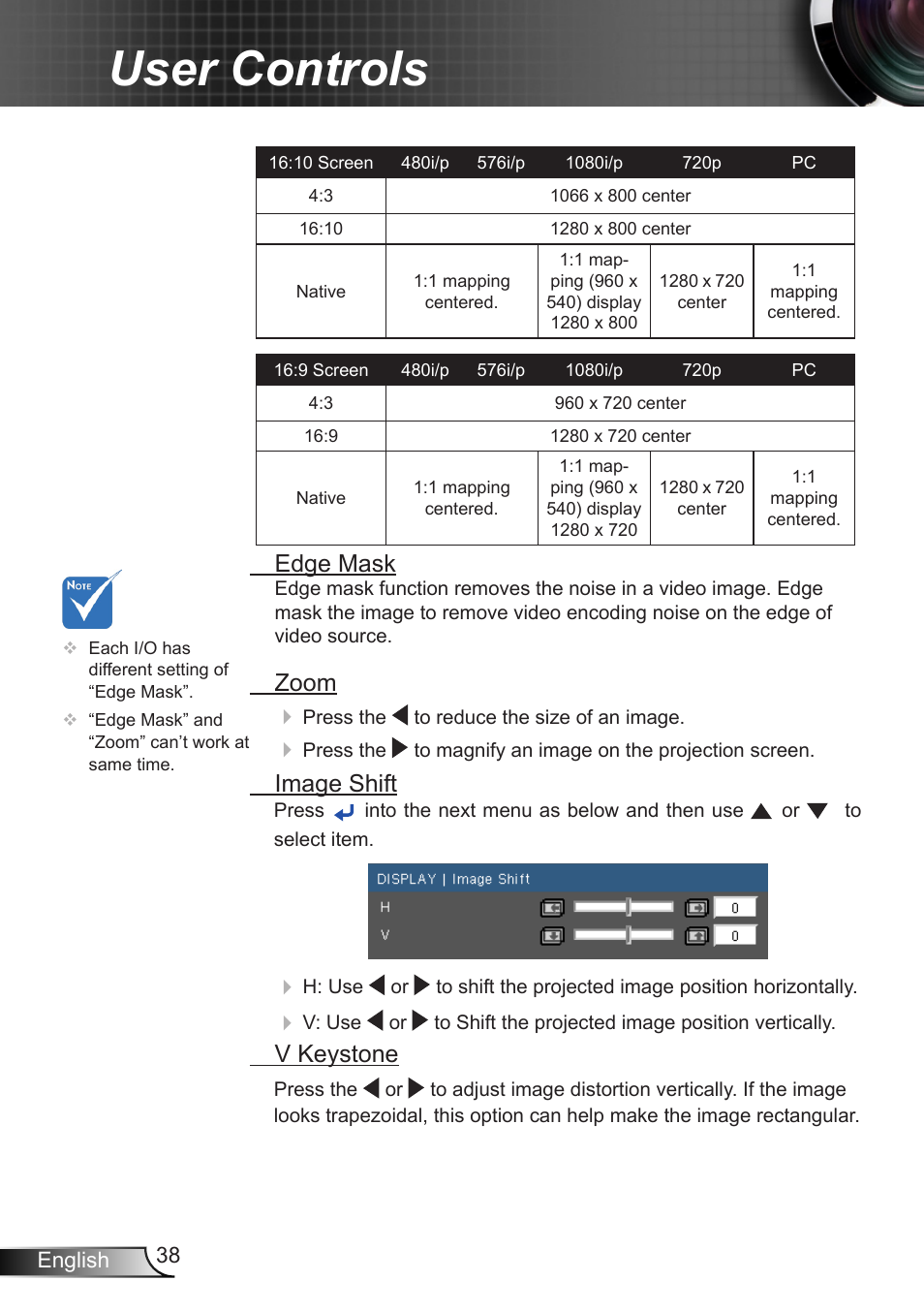 User controls, Edge mask, Zoom | Image shift, V keystone | Optoma W350 User Manual | Page 38 / 74