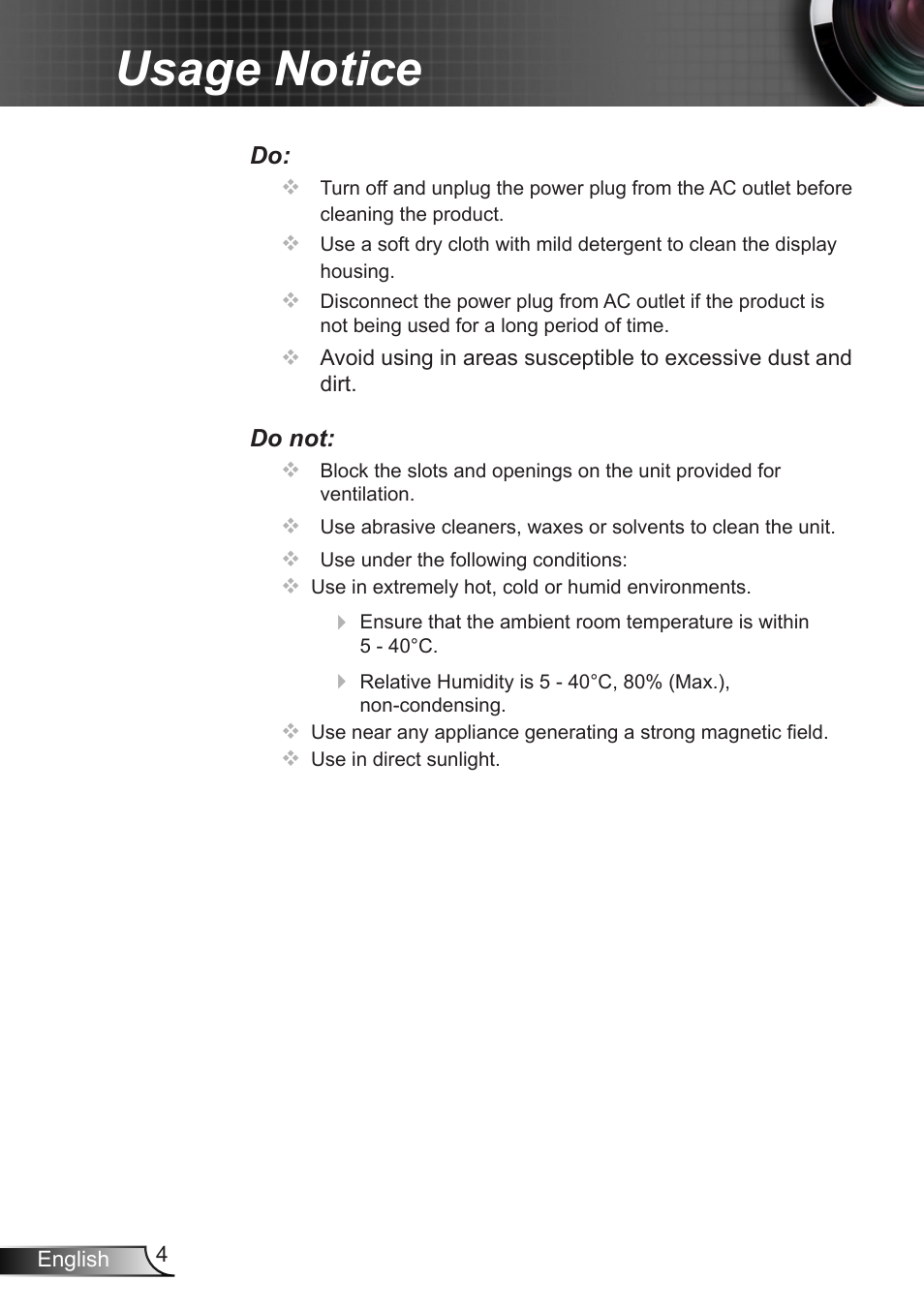 Usage notice | Optoma W350 User Manual | Page 4 / 74