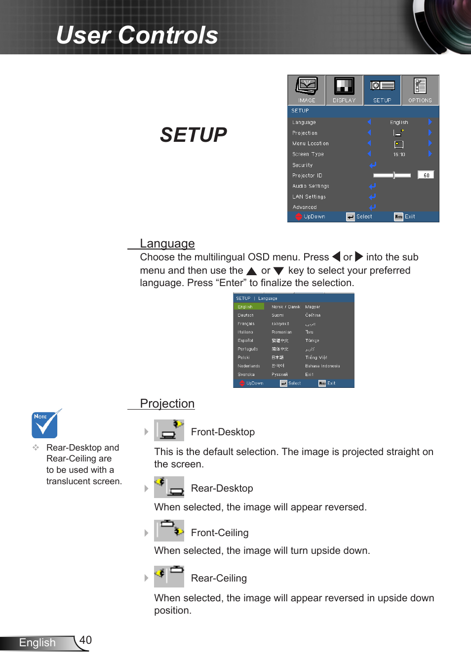 Setup, User controls | Optoma W350 User Manual | Page 40 / 74