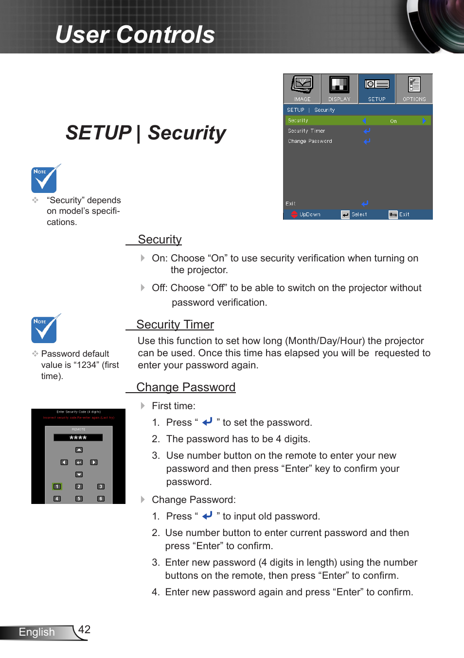 Setup | security, User controls | Optoma W350 User Manual | Page 42 / 74