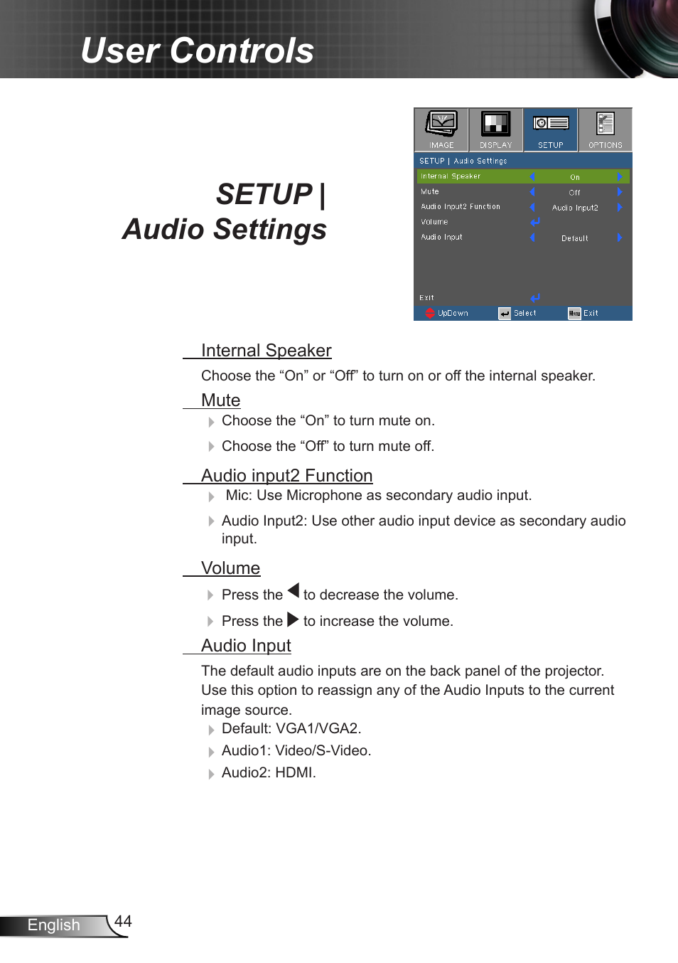 Setup | audio settings, User controls | Optoma W350 User Manual | Page 44 / 74