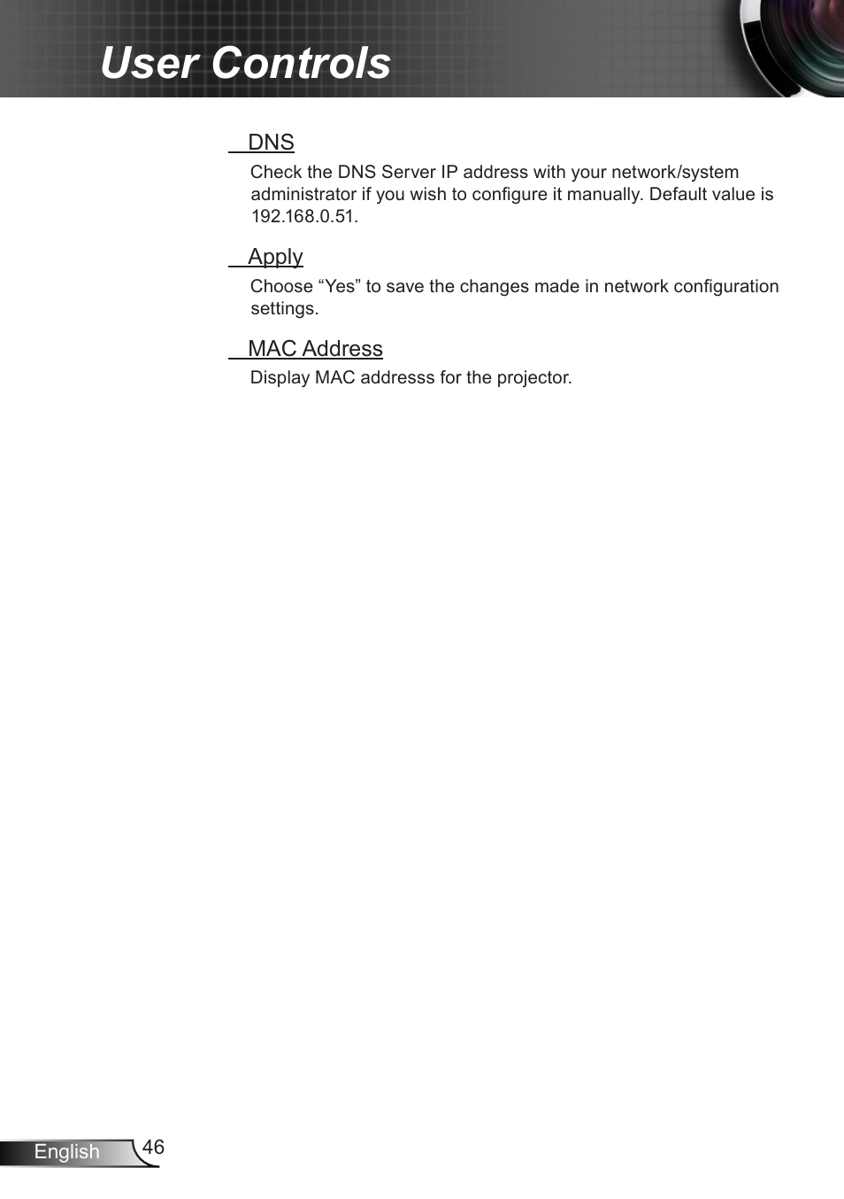 User controls | Optoma W350 User Manual | Page 46 / 74