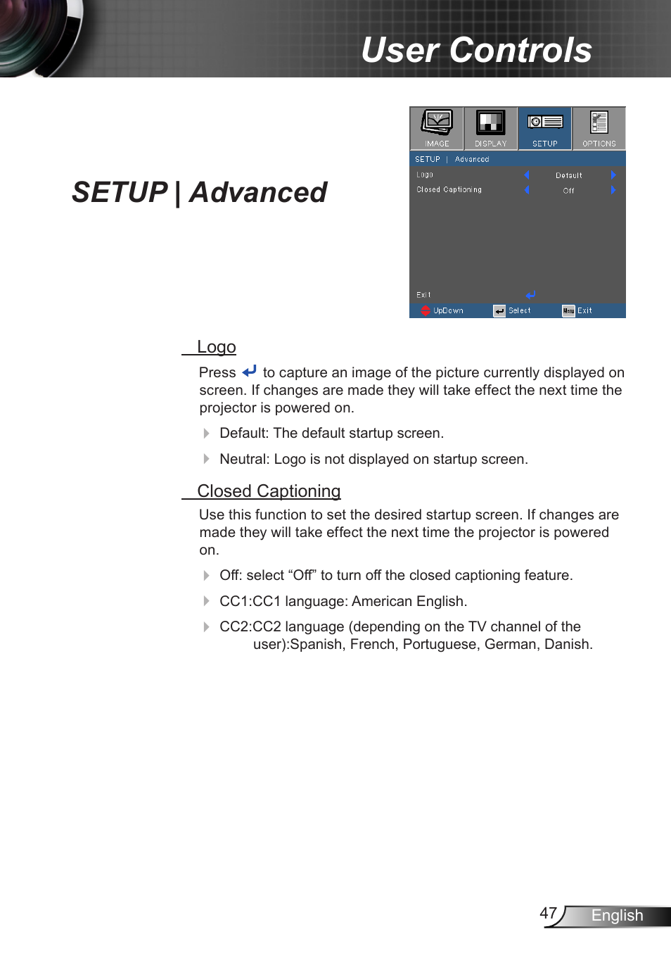 Setup | advanced, User controls | Optoma W350 User Manual | Page 47 / 74