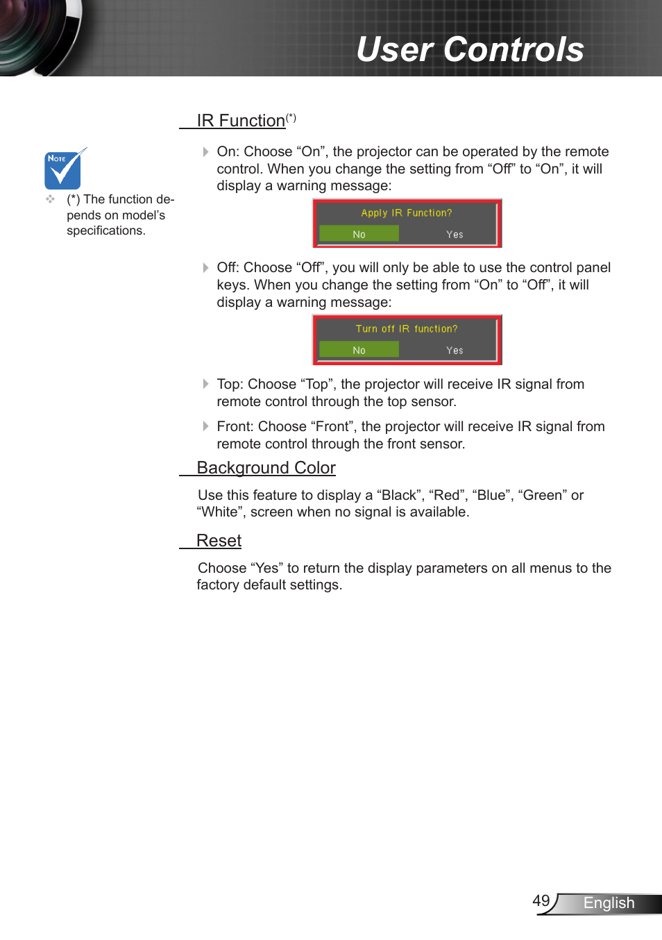 User controls | Optoma W350 User Manual | Page 49 / 74