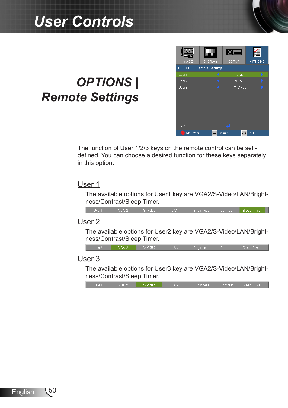 Options | remote settings, User controls | Optoma W350 User Manual | Page 50 / 74