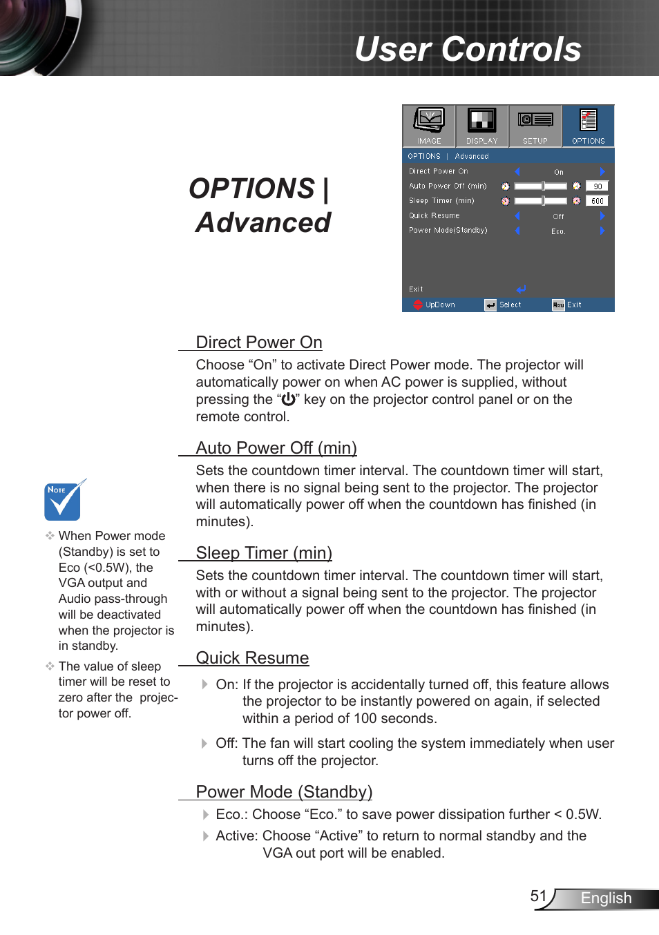 Options | advanced, User controls | Optoma W350 User Manual | Page 51 / 74